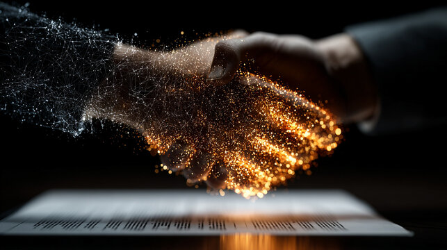 Human and AI signatures merging on a contract, symbolizing collaboration, innovation, technology integration, trust, and the future of digital agreements.