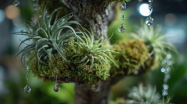 A tree made of lush green succulents and air plants, with tiny water droplet ornaments, bright and healthy, greenhouse setting