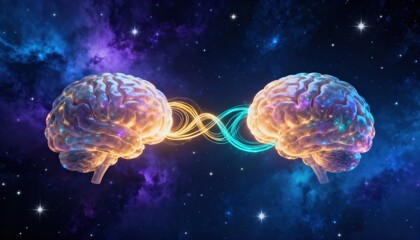 Interconnected Minds: Two luminous brains are intricately linked, symbolizing the boundless potential of human cognition and the synergy of thoughts and ideas, set against a backdrop of the cosmos.