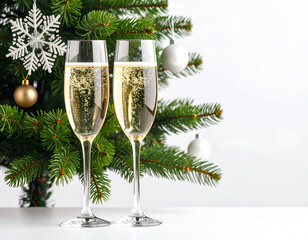 Festive champagne flutes brimming with sparkling bubbly stand against a holiday pine tree adorned with shimmering ornaments, embodying joyful celebrations and New Year's toasts