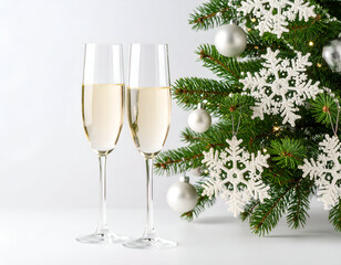 Elegant Christmas Tree Decorations and Champagne Glasses Celebrate the Holiday Season