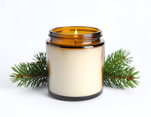 Amber jar candle with pine sprigs, creating a warm and festive holiday ambiance