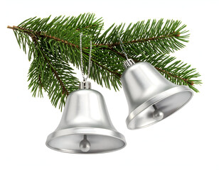 Silver Christmas Bells with Pine Branch Festive Holiday Decoration on White Background
