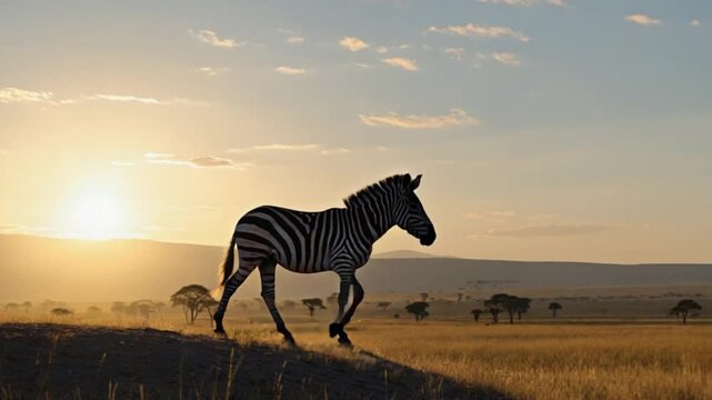 Zebra silhouette walking across the african plains at sunset with a bright golden sky behind it zebra video