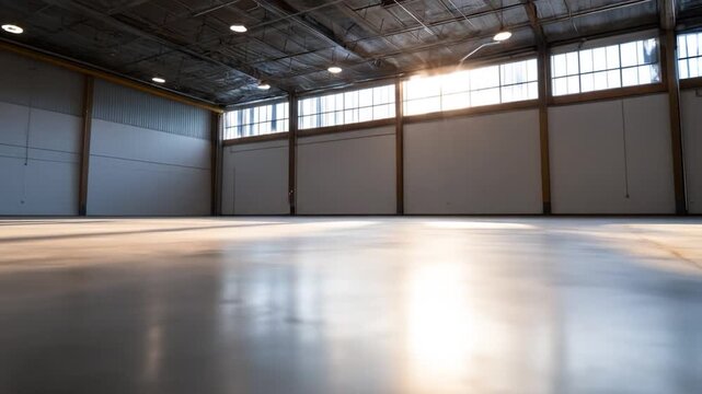 Empty industrial hall with bright sunlight through large windows