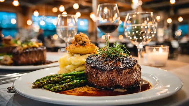 Elegant dining experience featuring steak, mashed potatoes, asparagus, and wine, perfect for