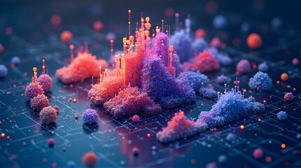 Explore cutting edge technology with vibrant data clusters on a circuit board, visualizing complex systems, perfect for modern tech, science, or business content