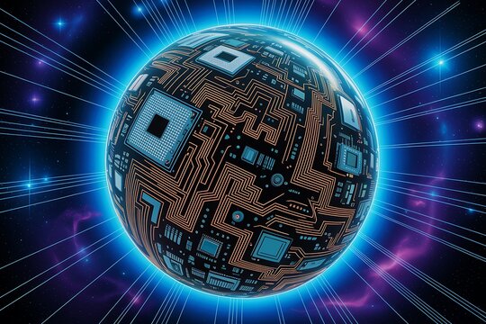 Futuristic Digital Globe with Circuit Board Patterns and Glowing Energy Rays in Space technology computer chip