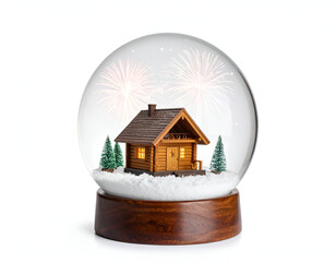 Enchanting Christmas Cabin Snow Globe with New Year Fireworks