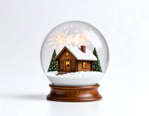 Magical winter snow globe display featuring a miniature Christmas village, cozy cabin, and sparkling fireworks, perfect for festive holiday celebrations on a clean white background