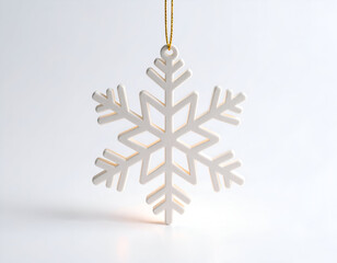 Delicate white snowflake ornament, intricately designed and hanging from a golden string against a bright white background, perfect for elegant winter holiday decor
