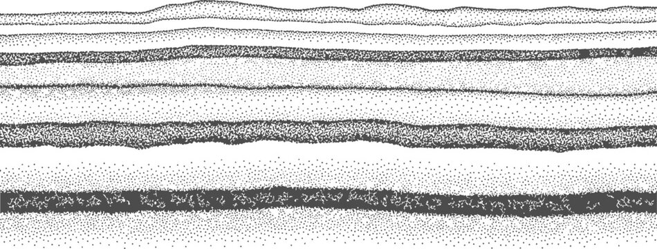 Black and white horizontal layers stipple dot texture vector background Vintage grunge noise pattern simulating geological stratification or soil cross section