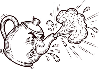Sneezing Teapot Bursting with Steam and Droplets in Dynamic Black Ink Vector Playful Energy Illustration