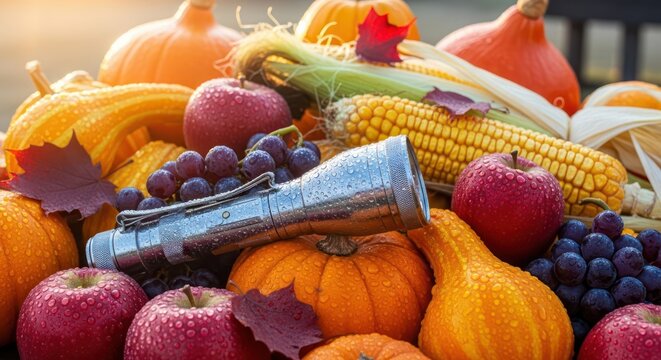 Abundant autumn harvest arrangement featuring pumpkins, apples, corn, grapes, and a metallic