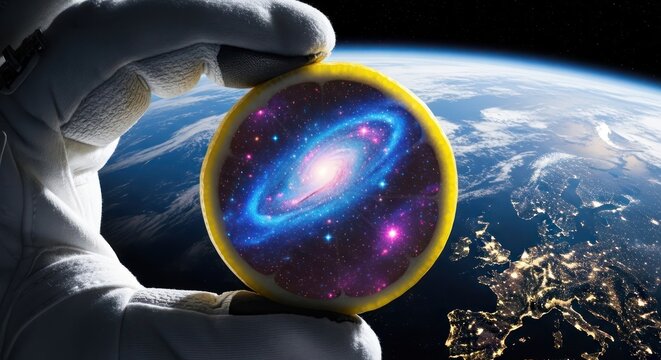 An astronaut holding a lemon filled with a galaxy against the backdrop of earth