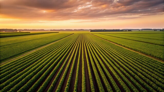 Vast green fields stretch under a dramatic sky at sunset, showcasing neatly arranged rows of crops and a serene landscape.