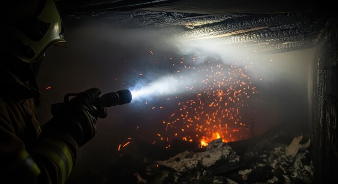 Brave firefighter battling structural blaze amidst smoke and fiery debris showing intense heroism