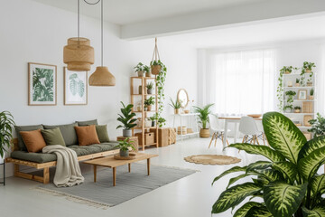 Fototapeta premium A spacious, bright, and airy open plan living and dining area designed with a modern bohemian and natural aesthetic.