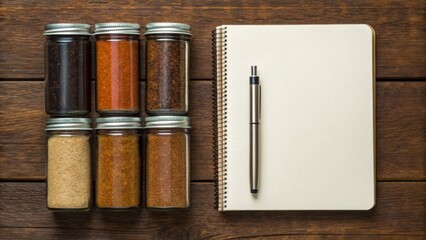 Jars of spices beside a blank notebook and pen on a wooden surface, suggesting cooking, creativity, and culinary ideas.