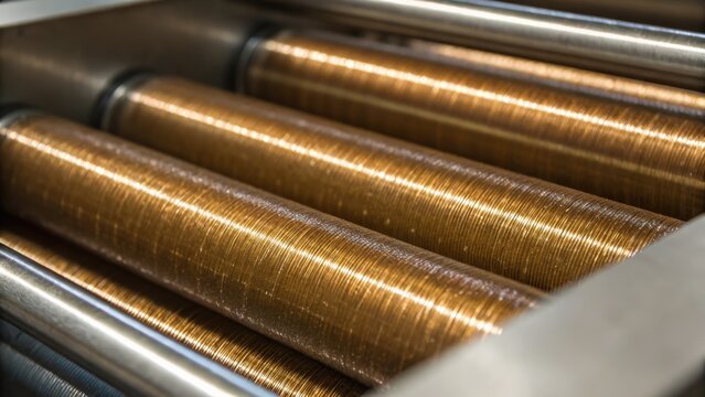 Close-up shot of metallic rollers with a textured surface, showcasing industrial machinery detail and precision engineering.