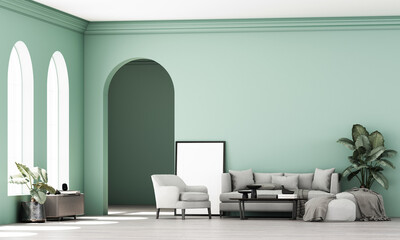 A bright modern living room memphis style interior with neutral furniture, arched windows and indoor plants creating a clean minimal aesthetic. with large window and green wall. 3d rendering.