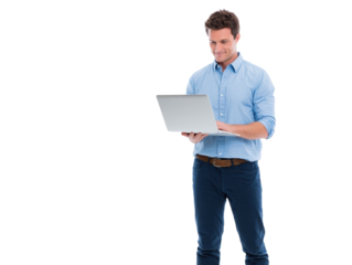 Professional man using laptop in office setting.