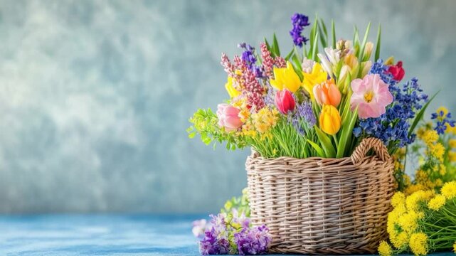 Colorful spring flowers in a woven basket