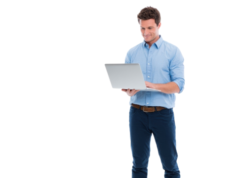 Professional man using laptop in office setting.