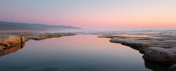 Minimal Tidal Pool Mirror of Soft Pastel Sky with Expansive Copy Space – great for mindfulness campaigns
