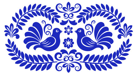 Elegant blue folk art birds symmetric floral design for invitations