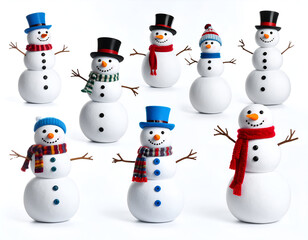 A delightful set of various snowmen figures, each adorned with festive hats and colorful scarves, creating a charming winter illustration on a clean white background