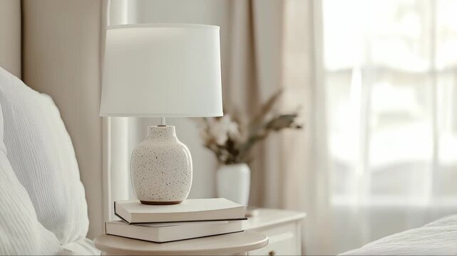 Cozy bedroom scene with a stylish lamp and neatly stacked books on a bedside table in soft morning light