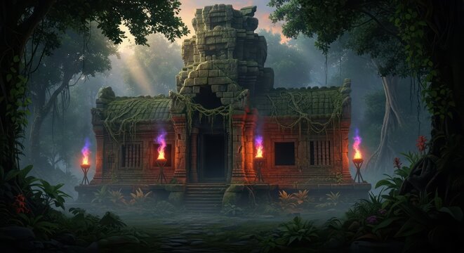 Mystical ancient temple ruins illuminated by torches deep within the tropical jungle