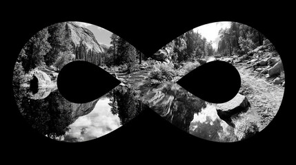 Infinity symbol morphing into a Möbius-inspired landscape, blending endless loops, surreal geometry, continuity, and abstract, dreamlike spatial dimensions.
