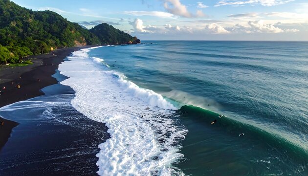 Aerial view of surfers riding waves on a dark sand beach - Powered by Adobe