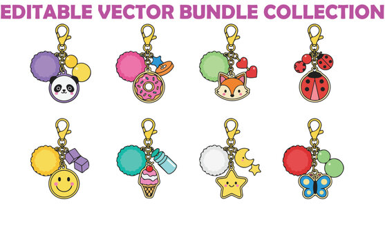 Cute cartoon keychains. Kawaii keychain charms, adorable keyrings for girls and cartoon charm accessories with animal faces, beads and tags isolated vector illustration