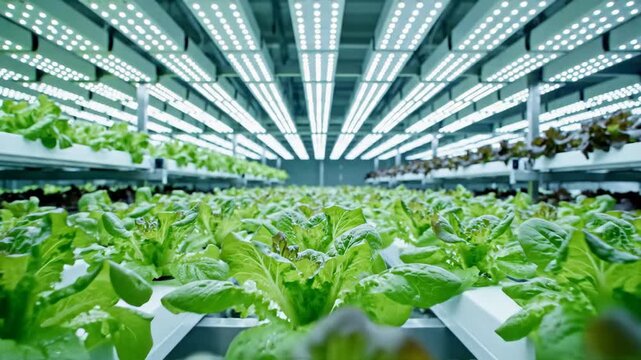 Vertical hydroponic farming system with rows of vibrant green lettuce plants under artificial LED lights, showcasing modern agriculture