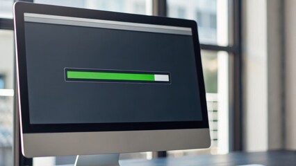 A computer screen displaying a loading progress bar, with a modern desktop setting featuring a large window and natural light.
