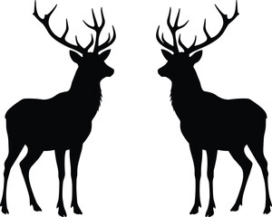 Silhouette of two majestic stags facing each other with antlers, symbolizing wildlife, symmetry, forest elegance, and natural strength.