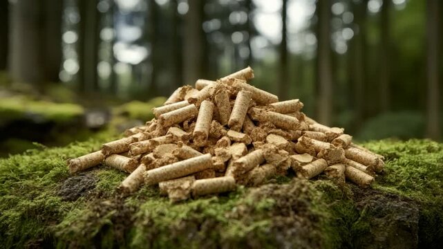 Pile of wood pellets on mossy forest floor