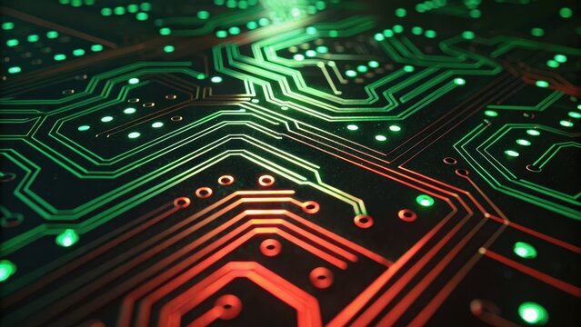 Circuit board with glowing patterns and intricate pathways, showcasing technology and innovation.