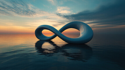 Infinity symbol morphing into a Möbius-inspired landscape, blending endless loops, surreal geometry, continuity, and abstract, dreamlike spatial dimensions.
