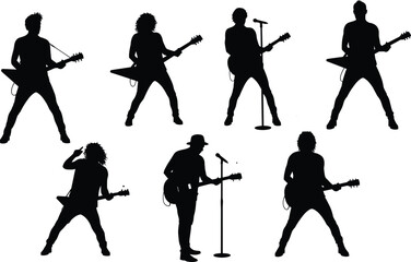 Obraz premium Energetic rock band silhouettes performing live with guitars and microphones, perfect for music-themed vector art and concert design projects.