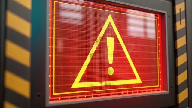 Warning sign with a triangular shape and exclamation mark on a vibrant red background, framed by caution stripes.