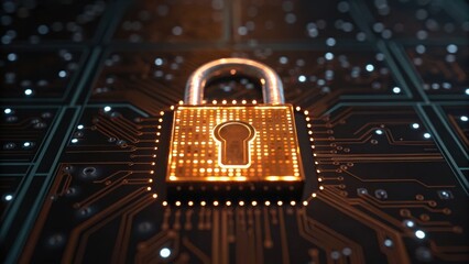 A digital lock on a circuit board symbolizes cybersecurity and data protection in a modern technological landscape.