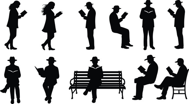 Silhouettes of people reading books in various postures, sitting and standing, male and female figures, educational and leisure activity scene