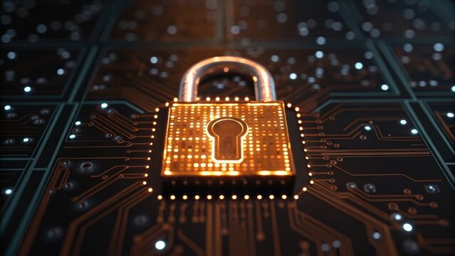 A digital lock on a circuit board symbolizes cybersecurity and data protection in a modern technological landscape.
