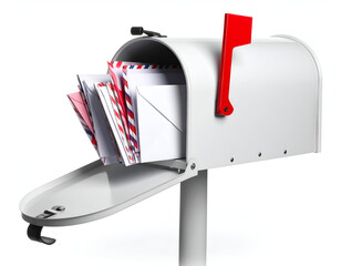 Full Mailbox Overflowing with Letters and Envelopes in a White Postbox