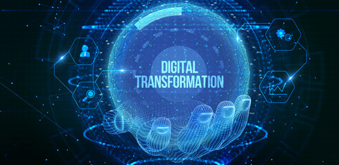 Concept of digitization of business processes and modern technology. Digital transformation. 3d illustration
