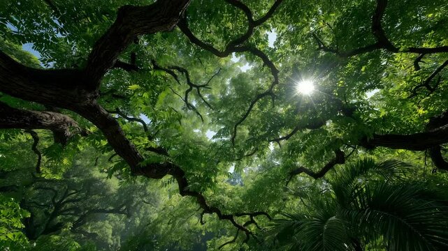 Overhanging branches of a moringa tree in a subtropical area with abundant sunshine filtering through luxuriant foliage